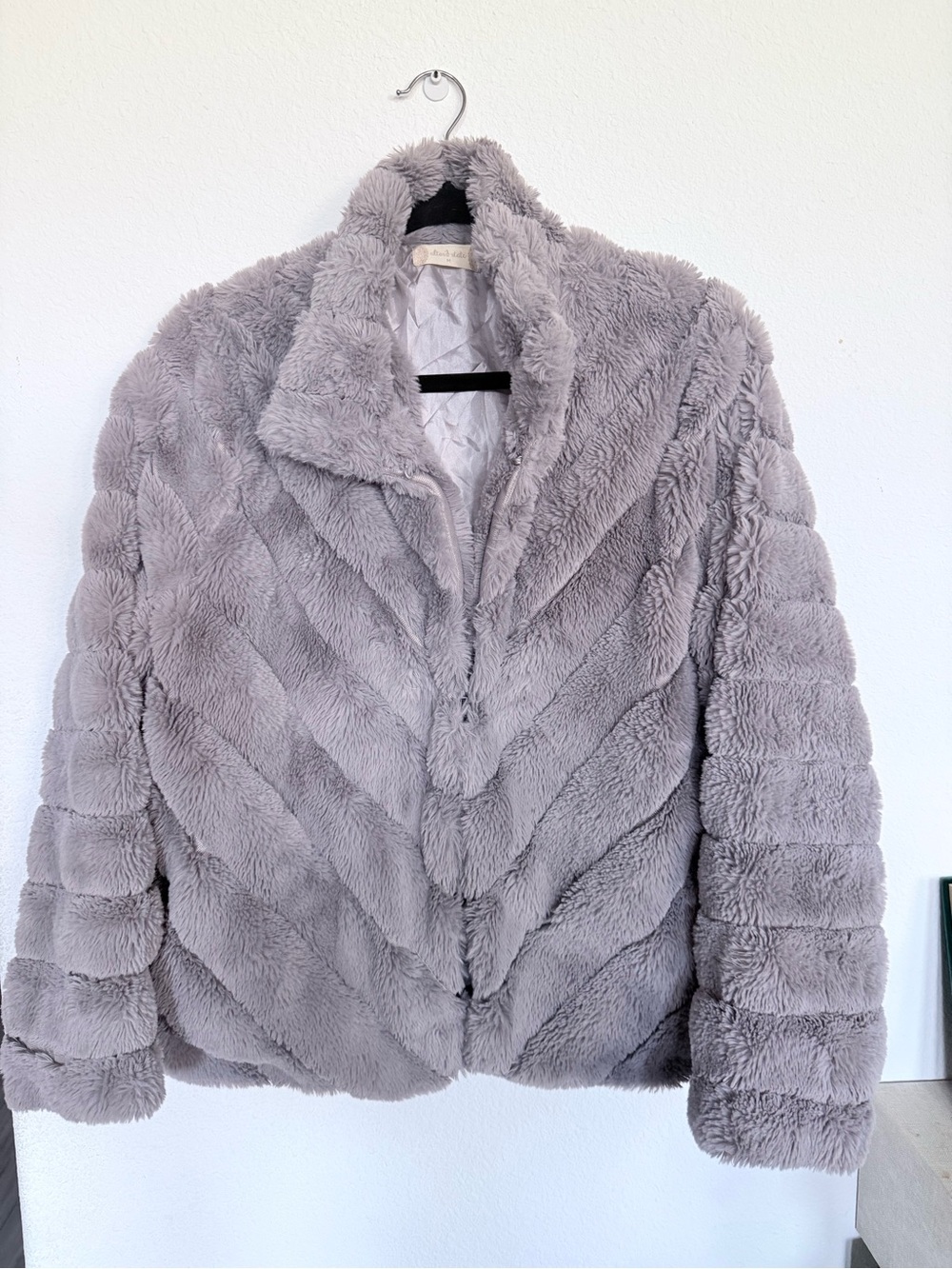 Altar’d State Gray Faux Fur Chevron Jacket Coat Size M